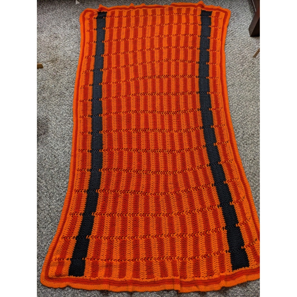 Handmade Orange Chunky Knit Throw Blanket Striped Acrylic Vintage Retro Afghan